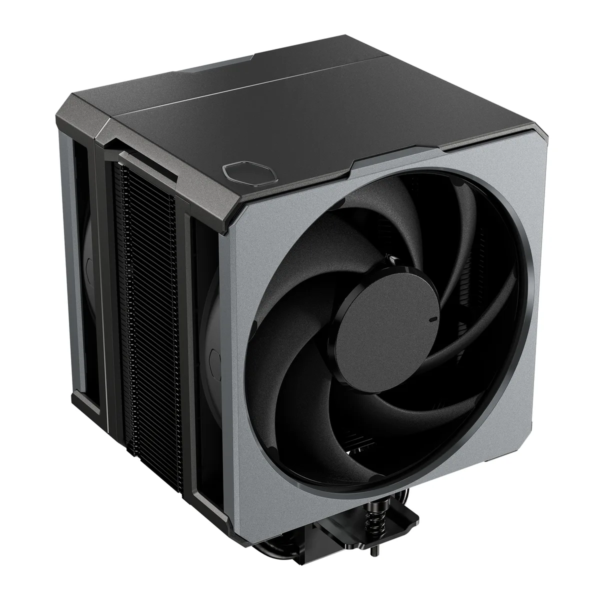 Black tower CPU cooler with six copper heat pipes, aluminium fins, top cover and dual 120 mm PWM fans