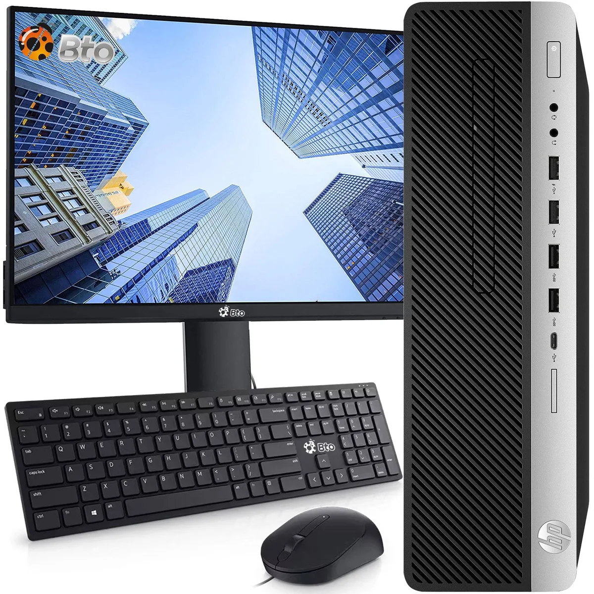 HP ProDesk 600 G3 small form factor desktop in black with 19 inch monitor