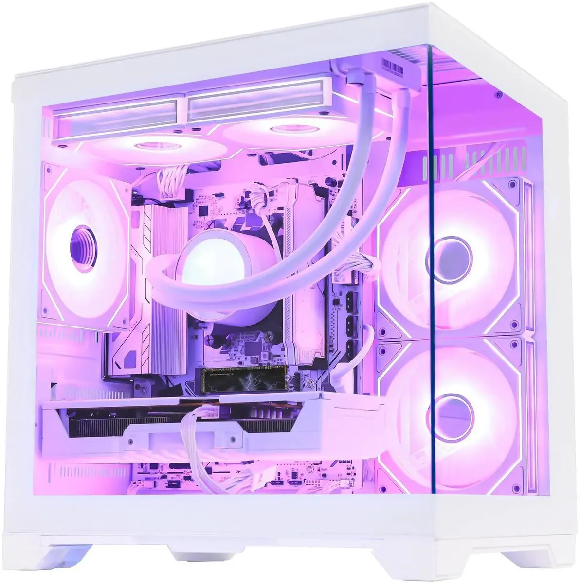 White mid-tower gaming desktop with ARGB liquid cooler visible through side panel