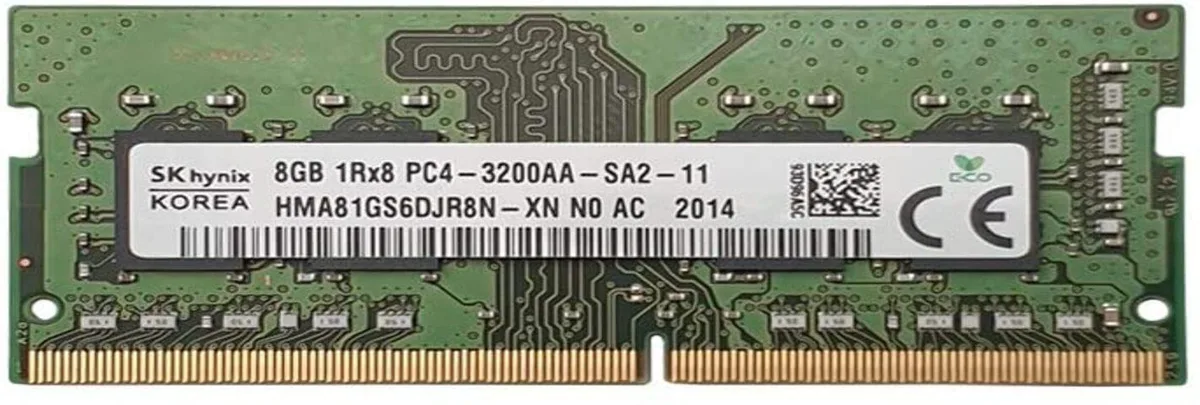 Green circuit board SO-DIMM memory module with black chips and gold edge connectors