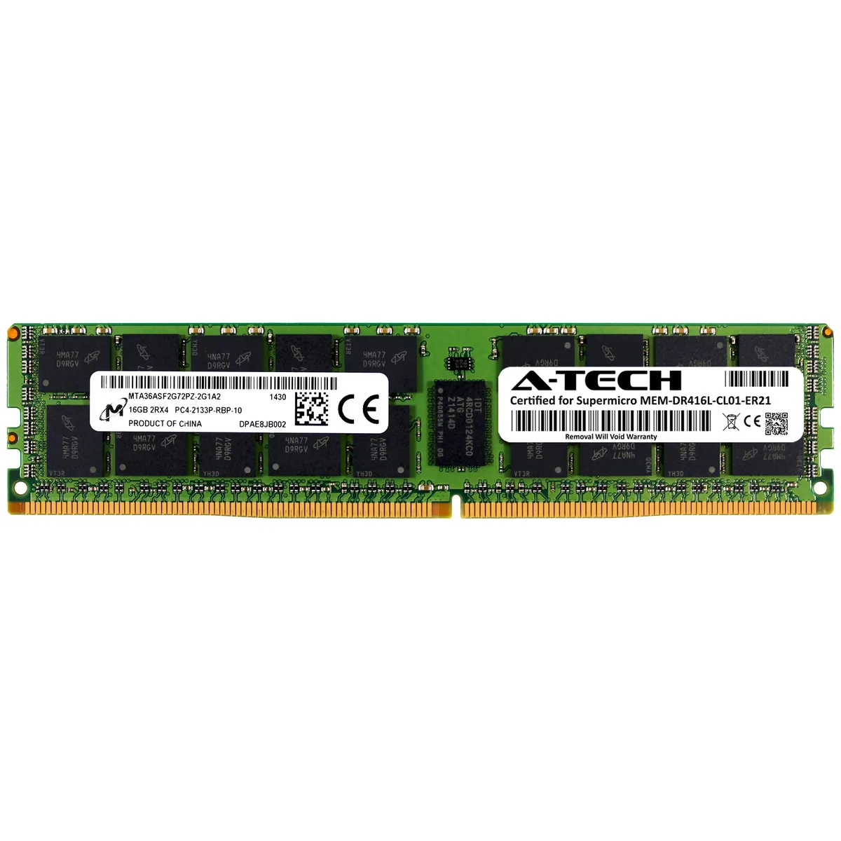 Green rectangular 288-pin DDR4 RDIMM module with black chips and silver edge connectors
