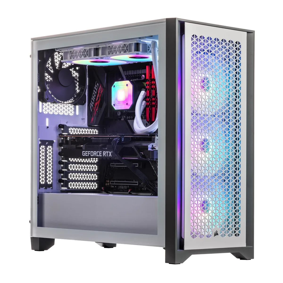 White mid-tower desktop with RGB liquid cooler visible through side panel