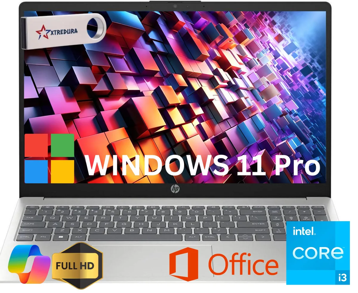 Silver HP 15.6 inch laptop, standard clamshell, matte finish, webcam above screen