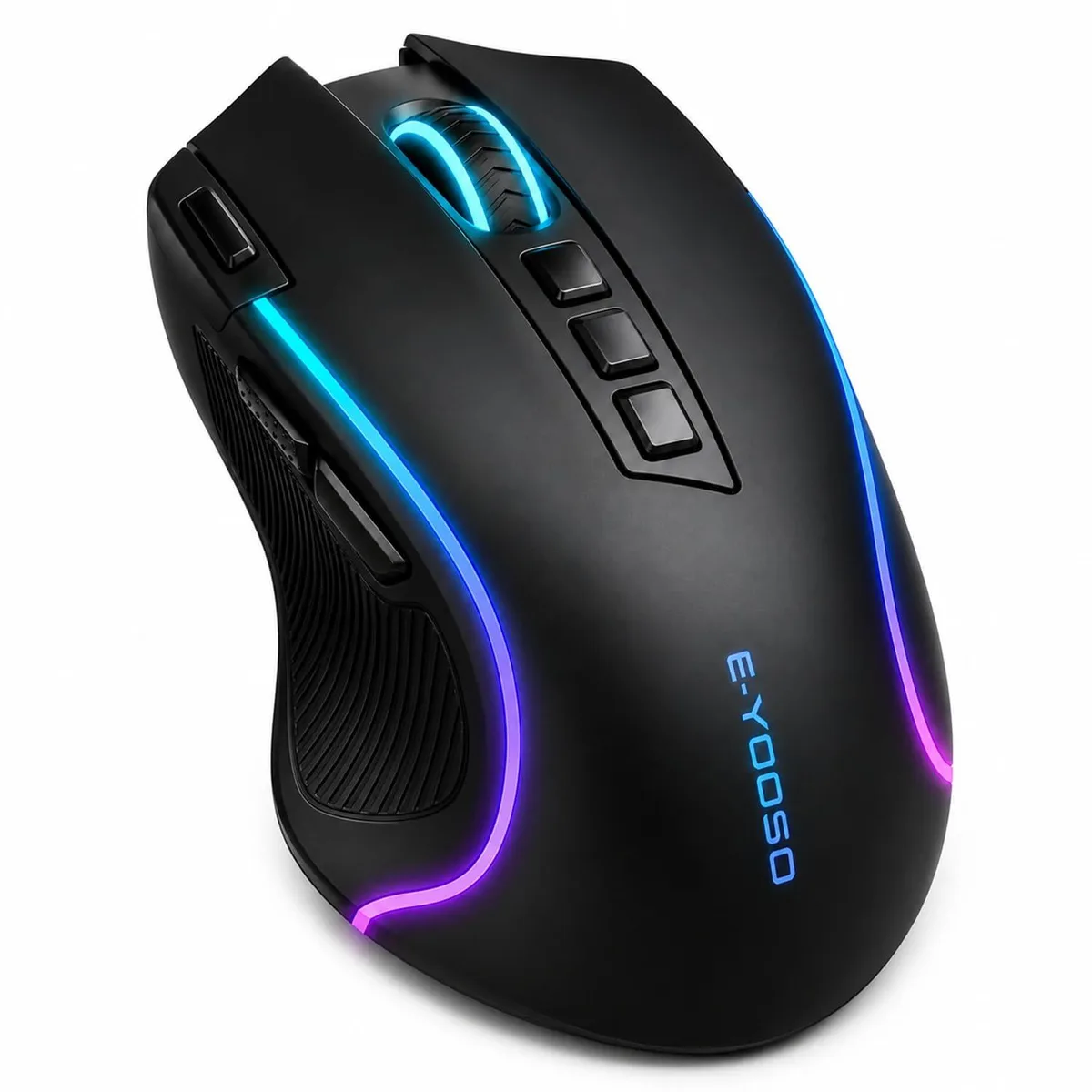 Black right-handed ergonomic gaming mouse with rubber thumb grip and nine buttons