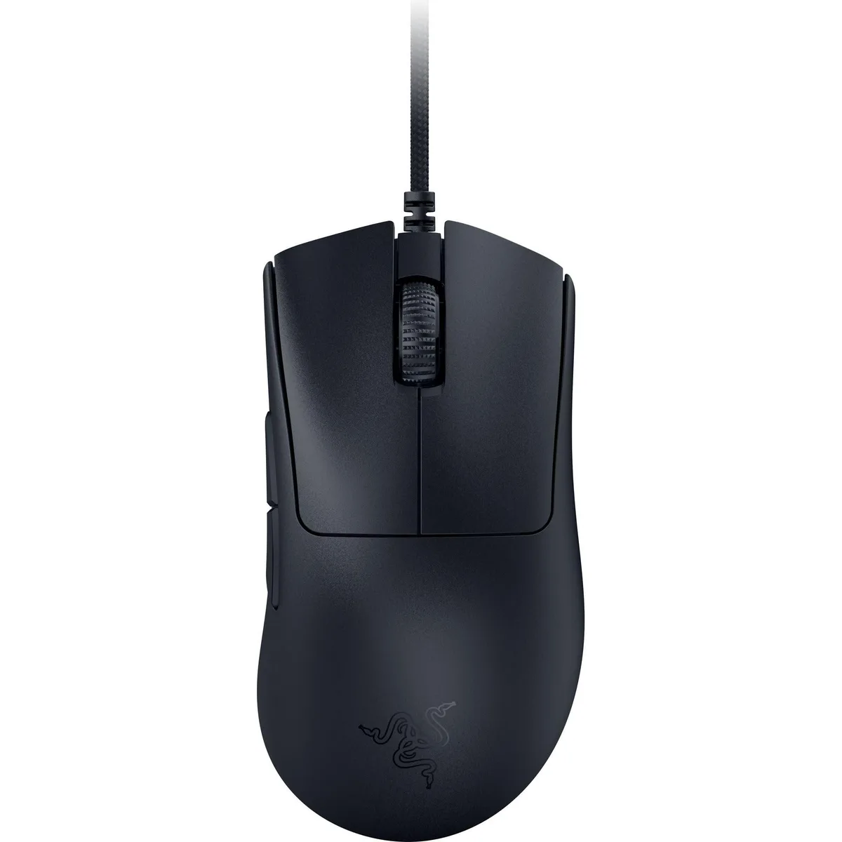 Black right-handed ergonomic gaming mouse, matte finish, woven cable, ultra-lightweight 59g design