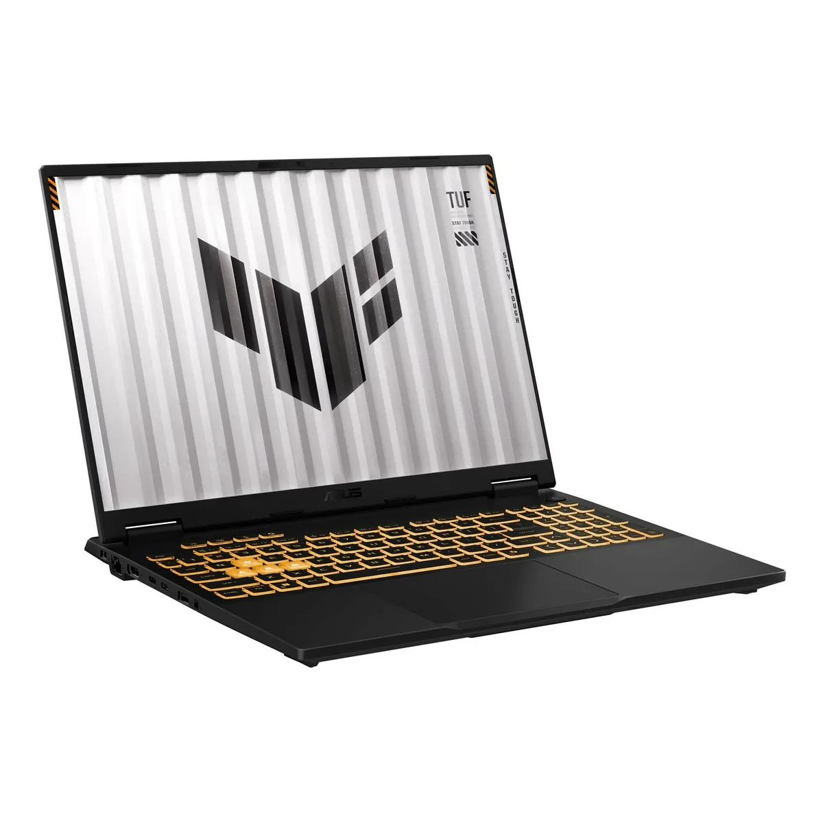 Gray metal 16 inch gaming laptop with subtle embossed TUF logo on lid