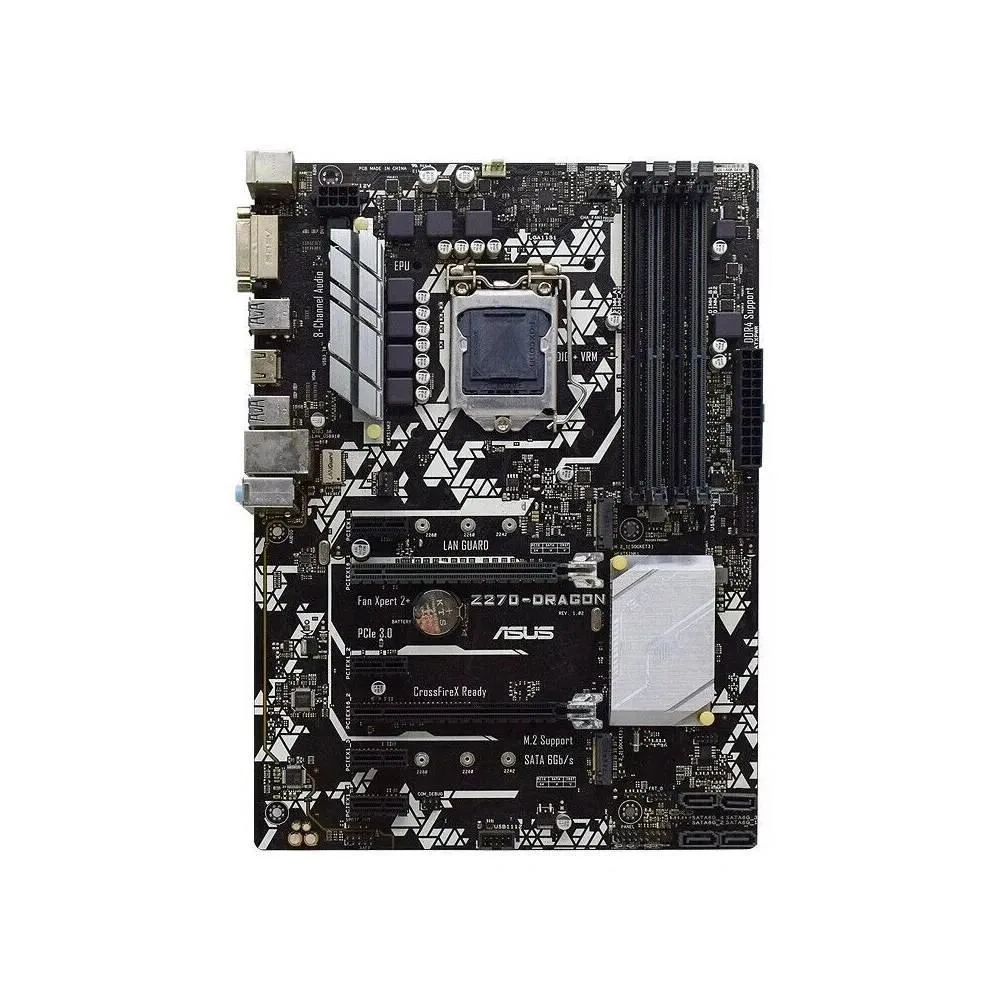 ATX motherboard with black PCB and silver heatsinks, LGA 1151 socket, DDR4 slots, Z270 chipset