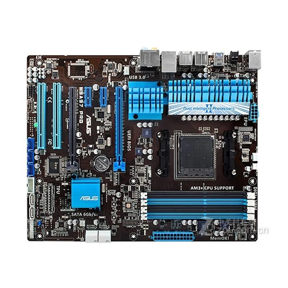 ATX motherboard with black PCB and silver heatsinks