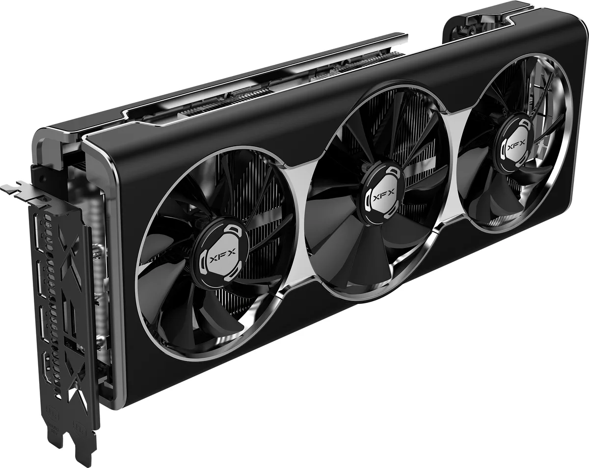 XFX Radeon RX 5700 XT Thicc III triple-fan graphics card with silver shroud and backplate