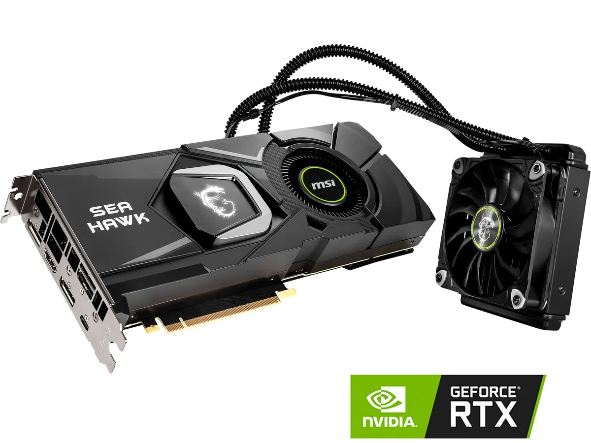 MSI RTX 2080 SEA HAWK X liquid-cooled graphics card with black shroud and radiator
