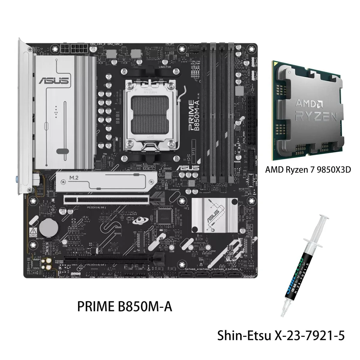 ASUS PRIME B850M-A micro-ATX motherboard with AMD Ryzen 7 9850X3D CPU installed