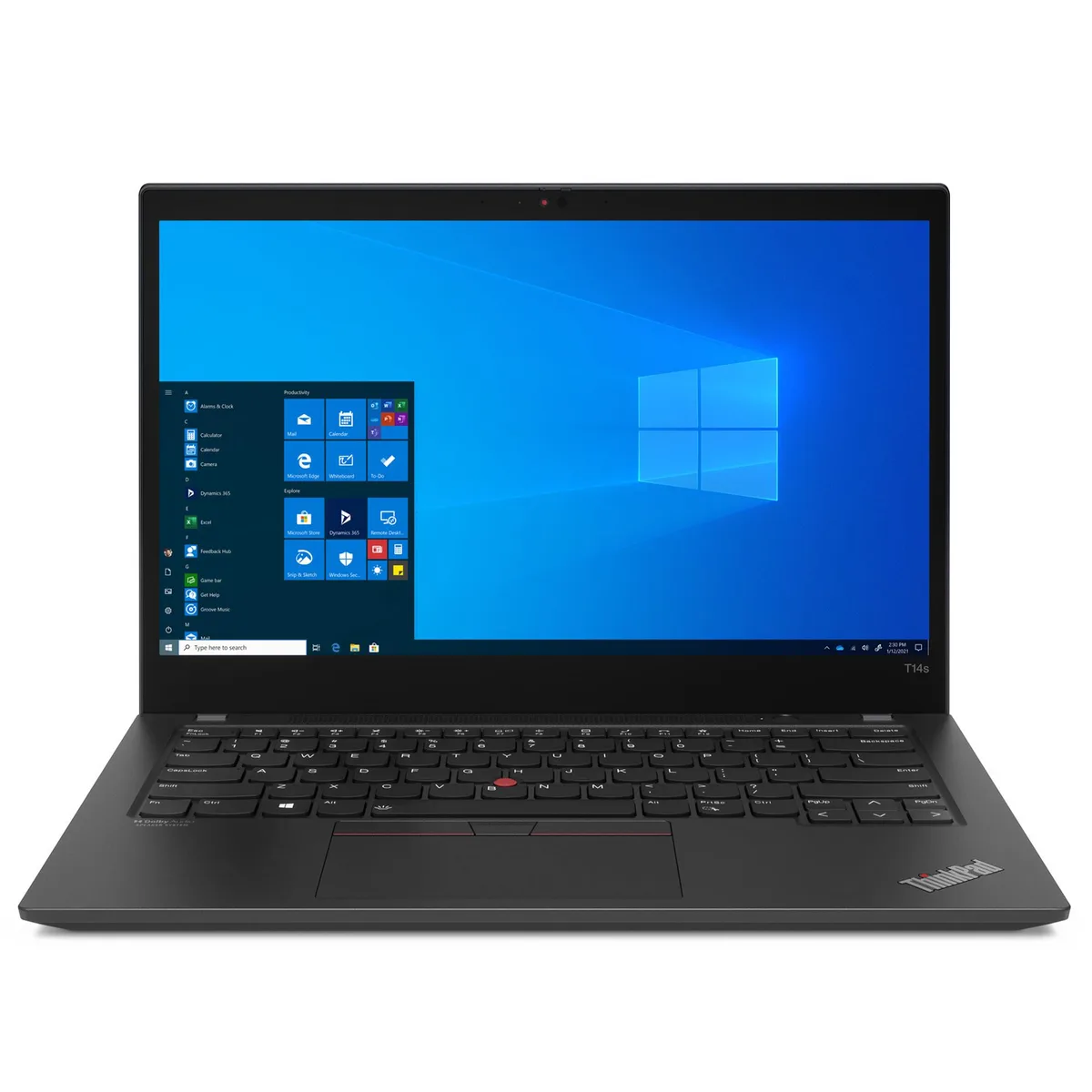 Black ThinkPad T14s Gen 2 laptop with 14.0 inch touchscreen display, thin and light form factor, matte finish