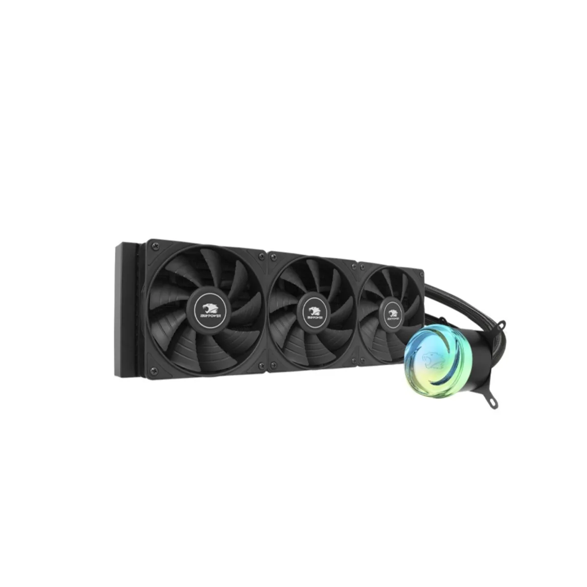 Black 360 mm radiator with three 120 mm fans, braided tubing and RGB vortex water block