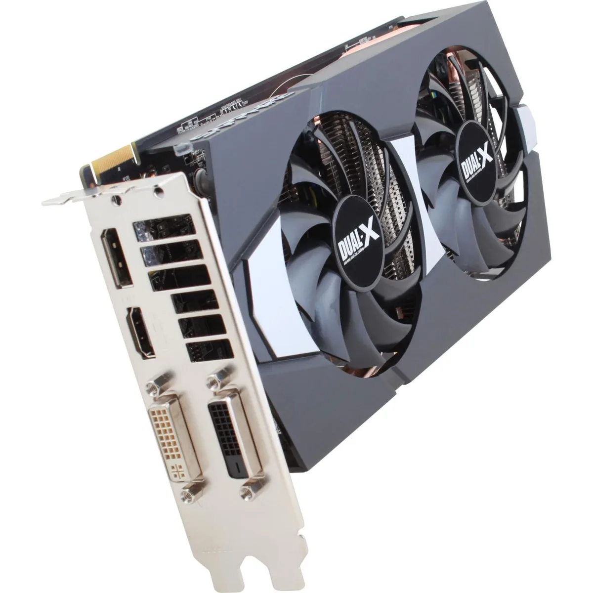 Sapphire Radeon R9 270 dual-slot graphics card with black fan cooler and metal backplate, HDMI DisplayPort and two DVI outputs visible