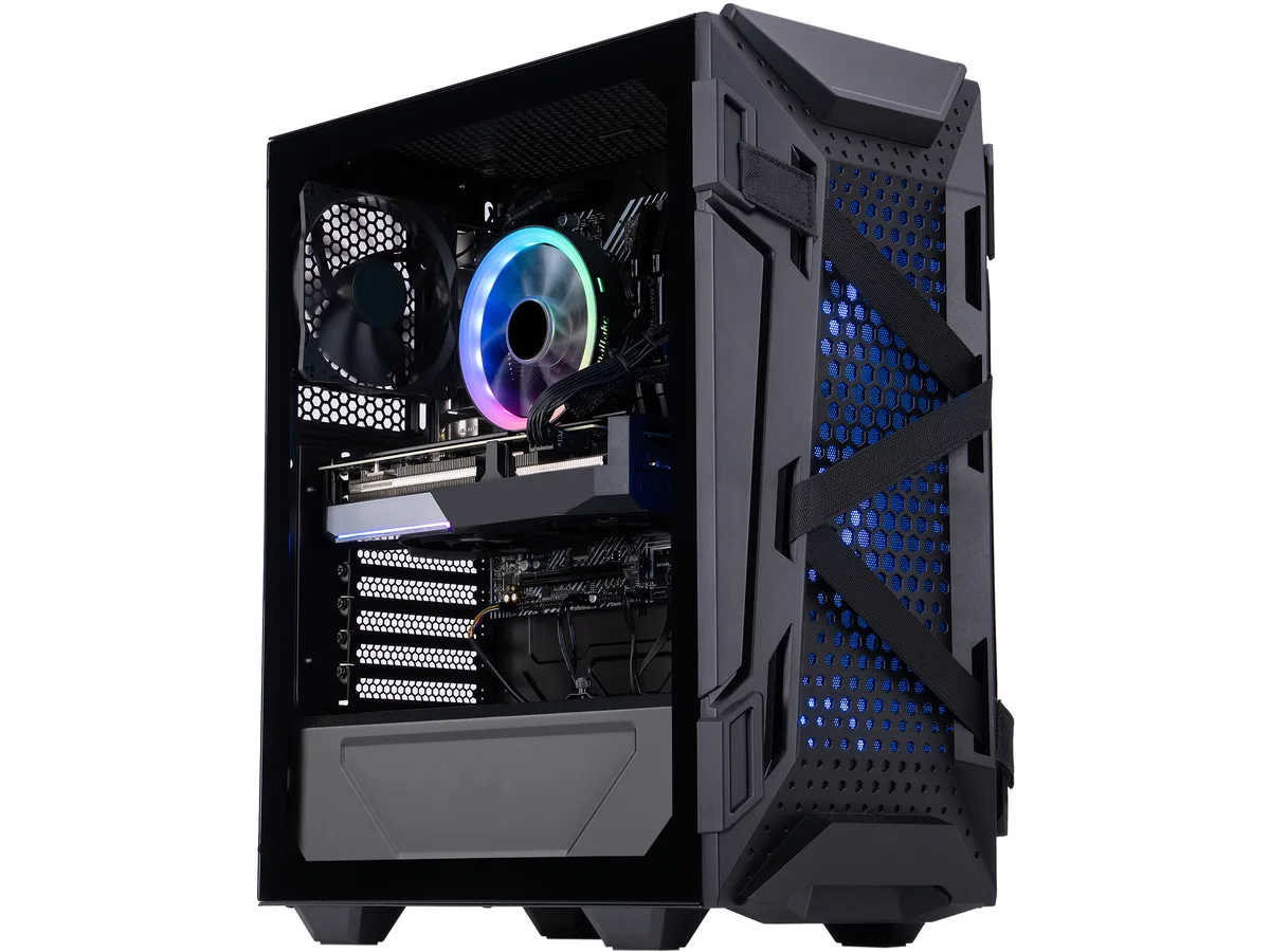 Black mid-tower PC with front RGB fans and glass side panel