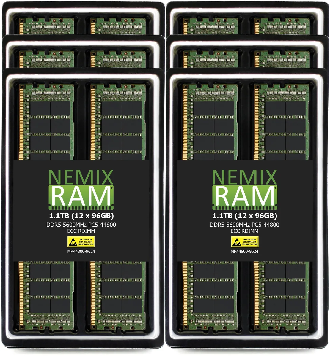 Twelve green DDR5 RDIMM modules in a row