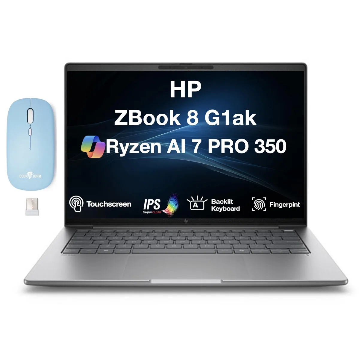 Silver 14 inch touchscreen laptop with backlit keyboard and wireless mouse