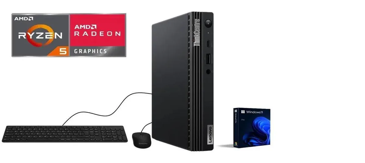 Small black Lenovo ThinkCentre M75q mini desktop with USB keyboard and mouse