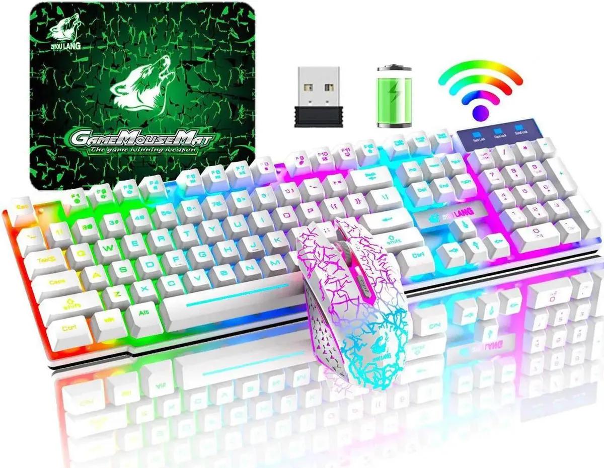 Vszerda wireless gaming keyboard and mouse combo, full-size 104-key keyboard with rainbow backlight, matching mouse with 7-color LED