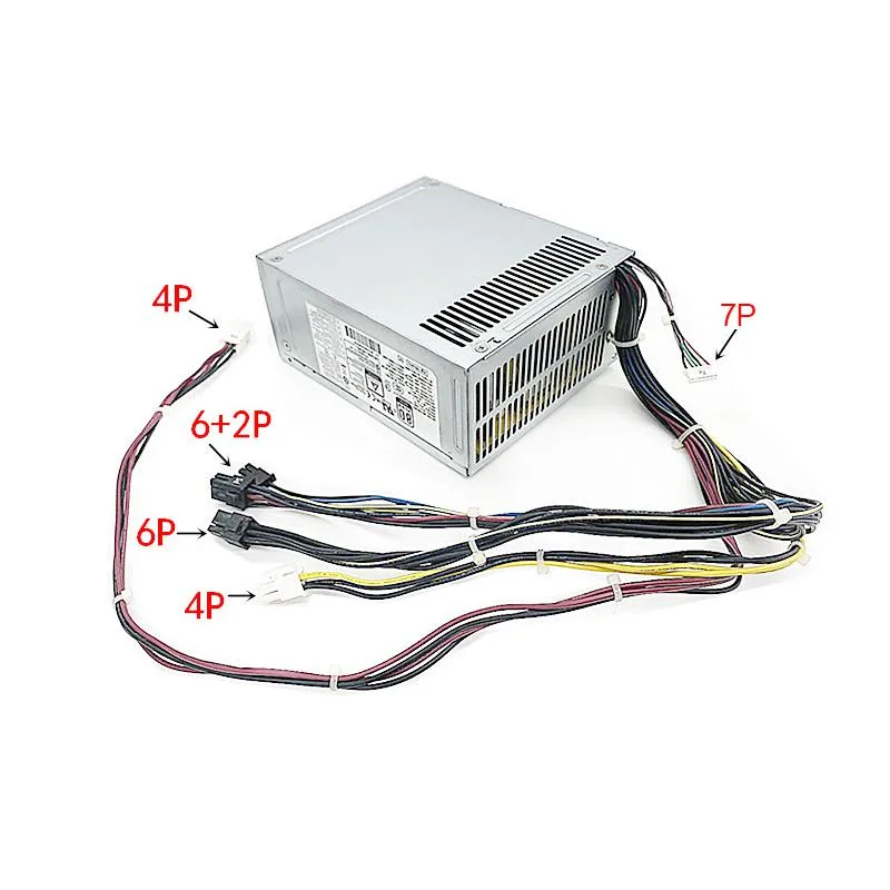 Rectangular metal ATX power supply unit with rear fan grille and side label