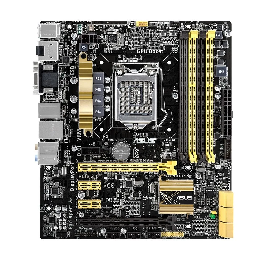 Green Micro ATX motherboard with black LGA 1150 socket and silver heatsinks