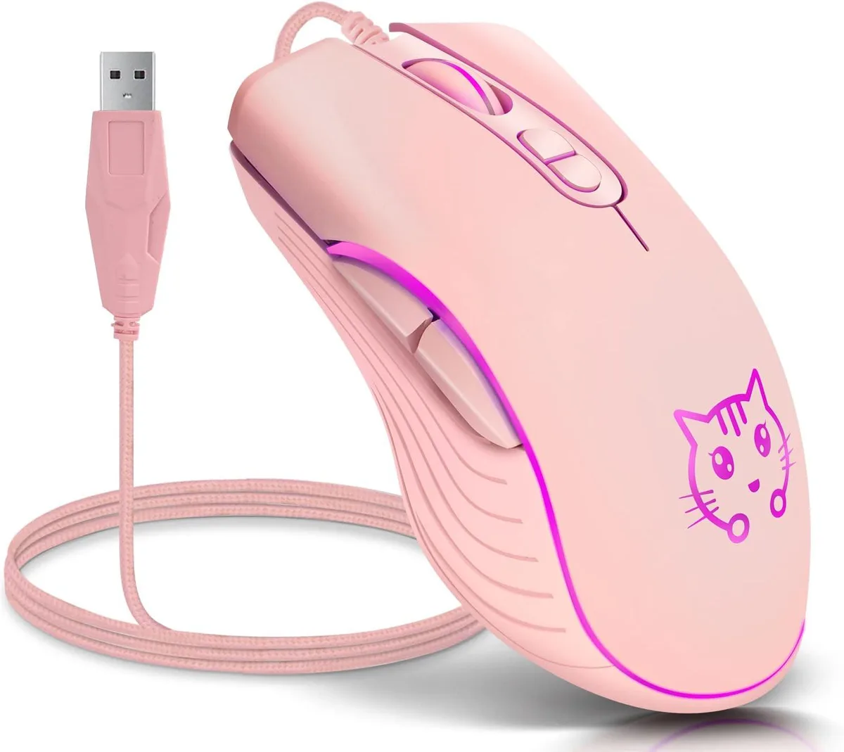 Pink wired gaming mouse with cat cartoon design and 7-color backlighting