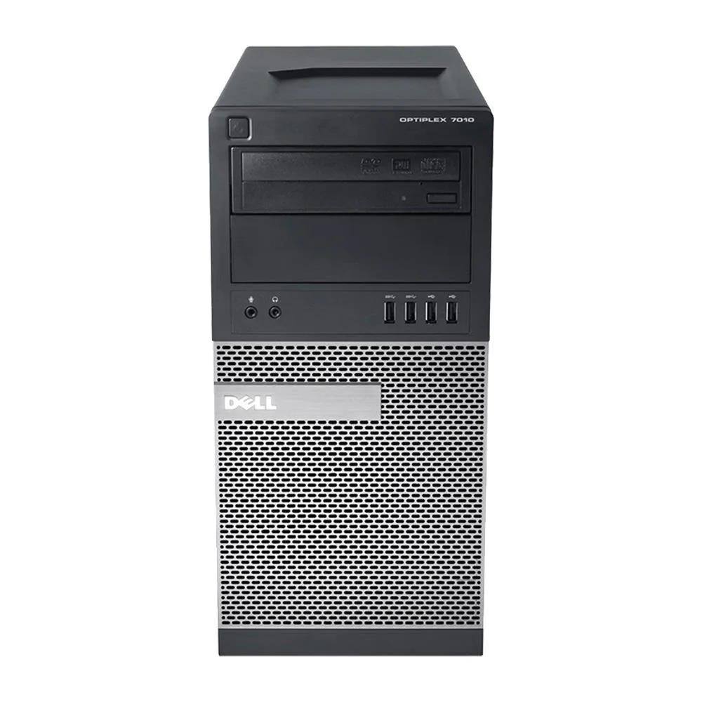Black and silver Dell OptiPlex 7010 mini tower desktop with USB keyboard and mouse