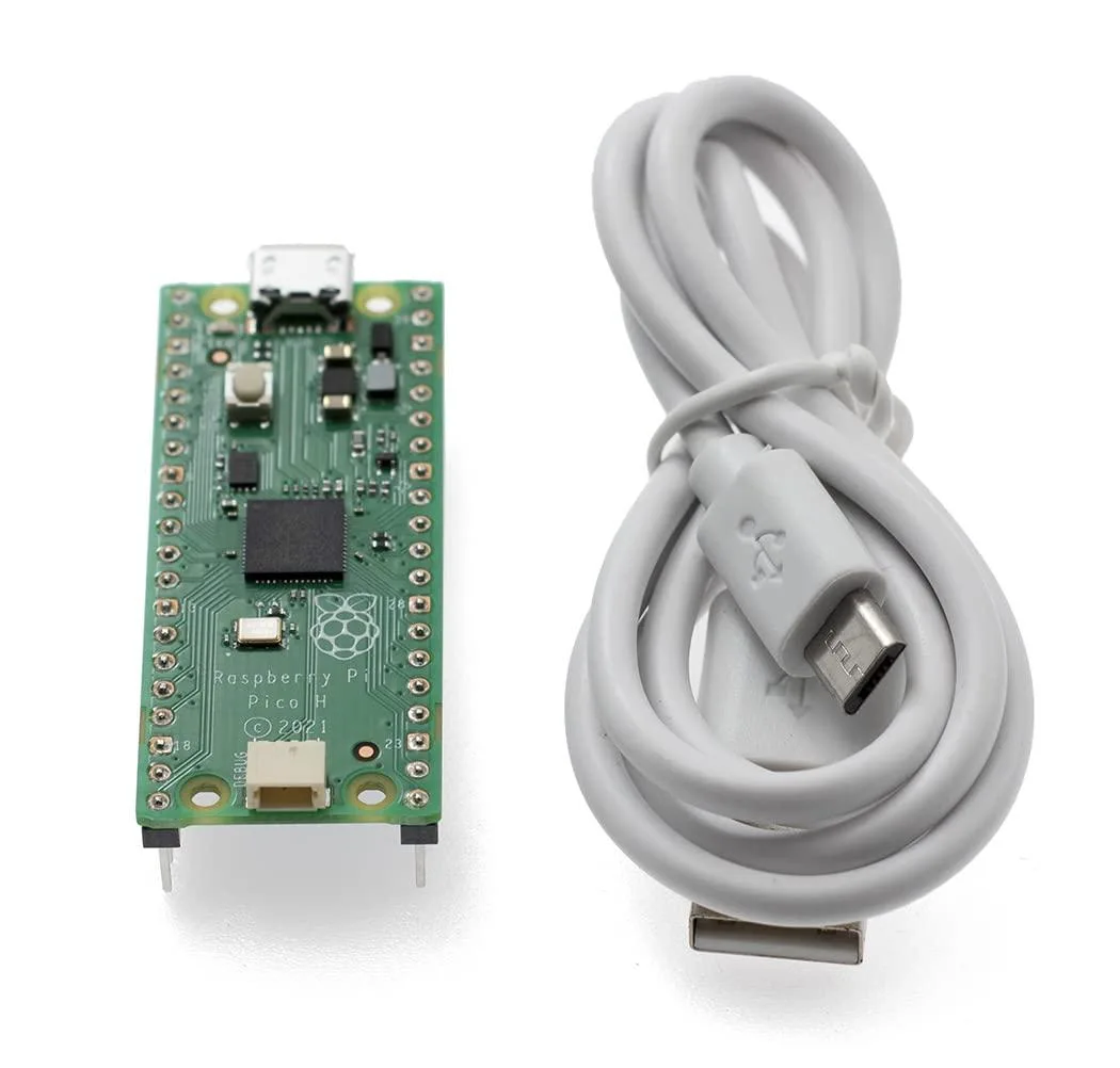Small green circuit board with two rows of gold pin headers along the edges and a micro USB port at one end