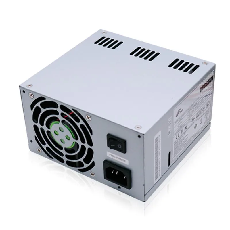Rectangular silver ATX power supply unit with fan grille and cable bundle
