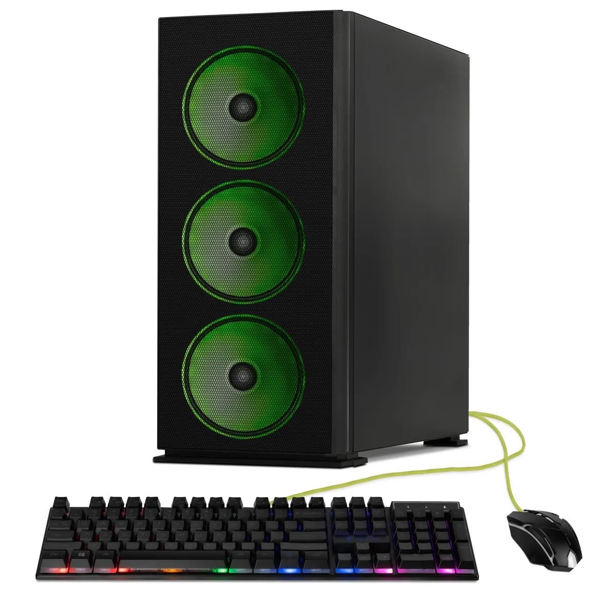Black mid-tower gaming desktop with RGB-lit liquid cooler and side glass panel