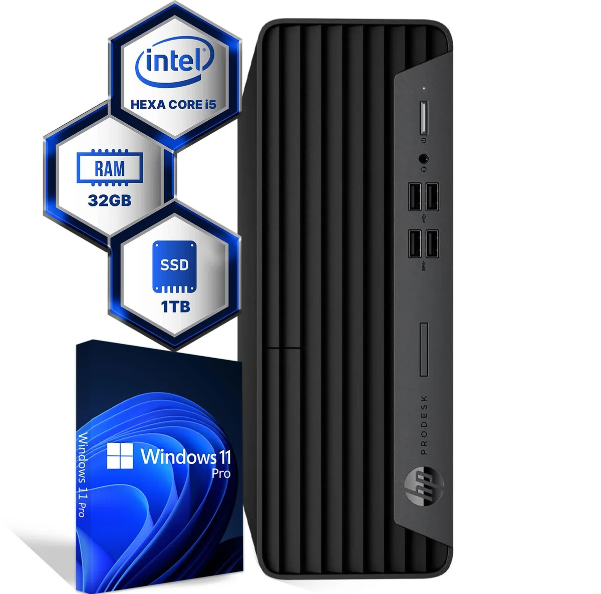 Black small-form-factor desktop tower with wired keyboard and mouse