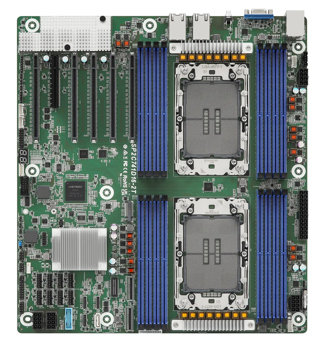Green EEB server board with dual LGA 4677 sockets and sixteen DDR5 slots