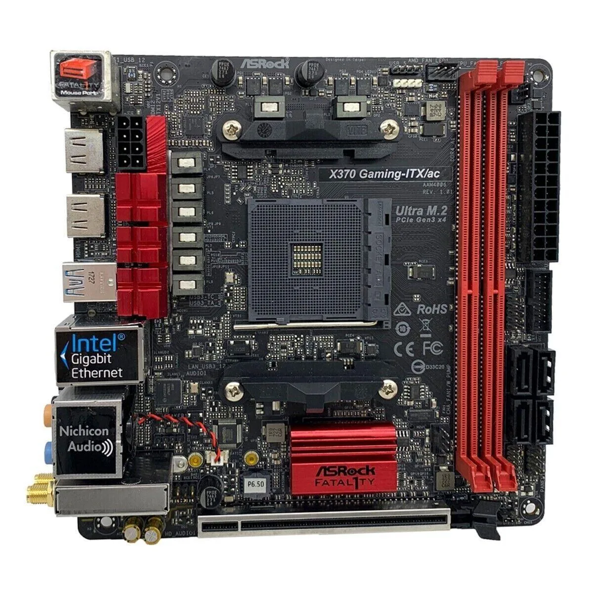 Mini-ITX board, black PCB, silver I/O shield, two HDMI ports, single PCIe slot