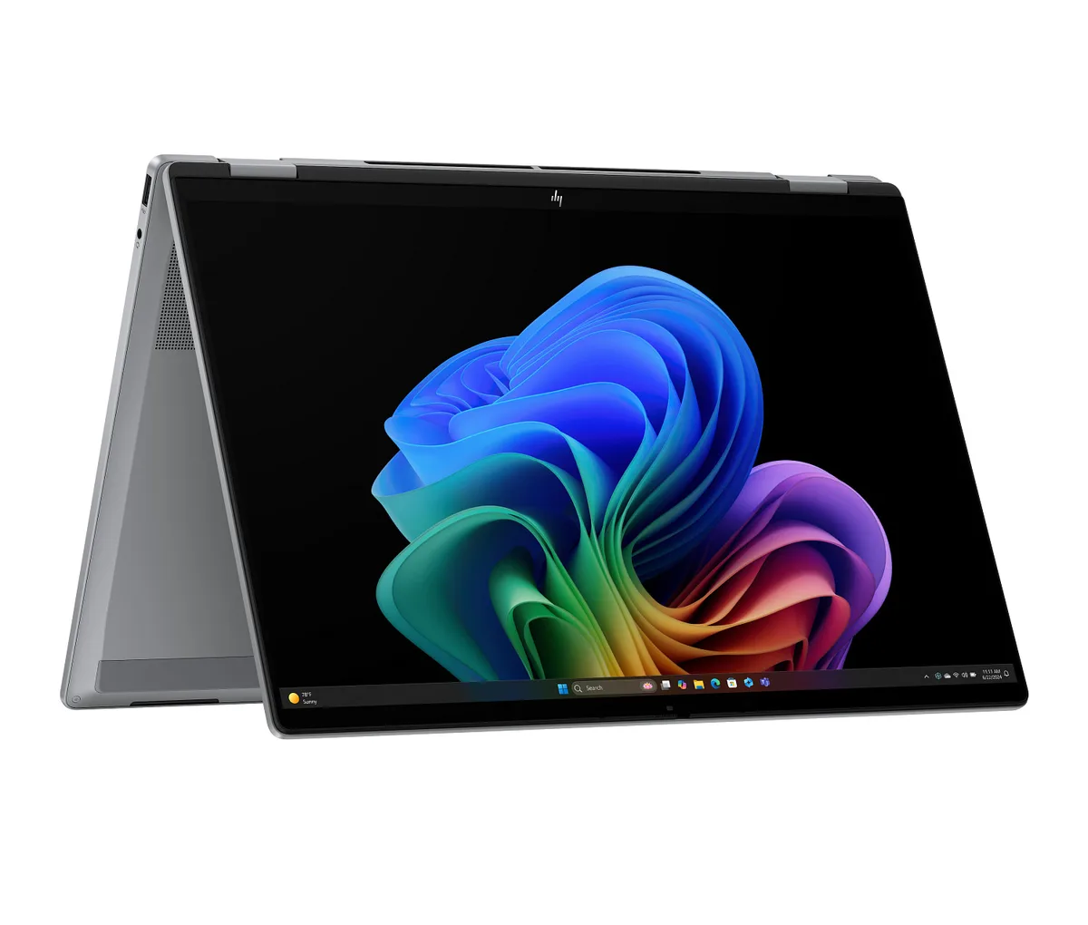Silver 16 inch 2-in-1 laptop with touchscreen display and backlit keyboard