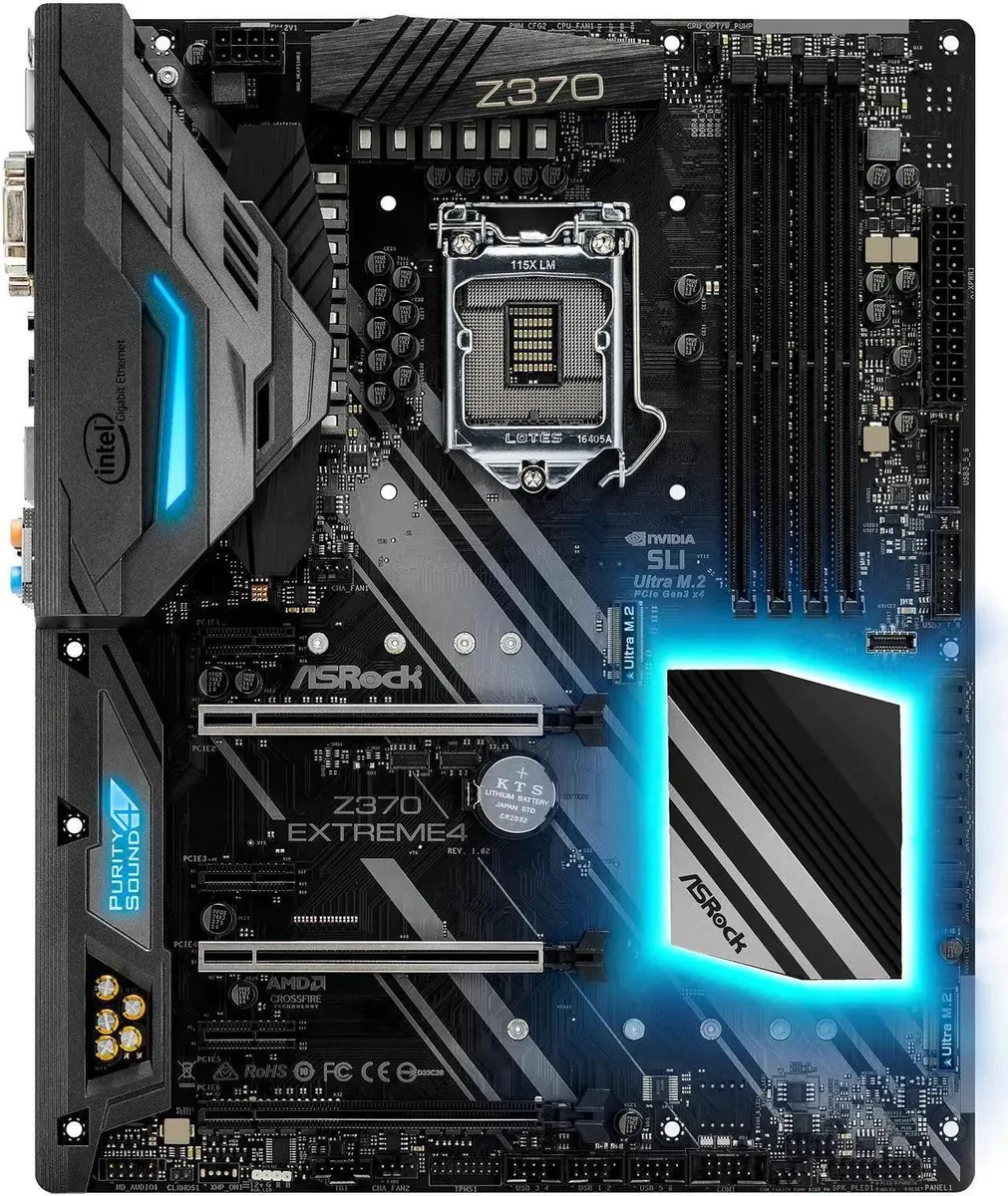 ATX motherboard with black PCB and silver heatsinks