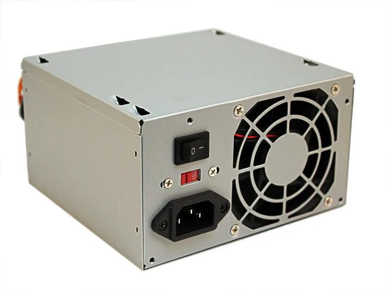 Grey ATX power supply unit with single fan and multiple cable connectors