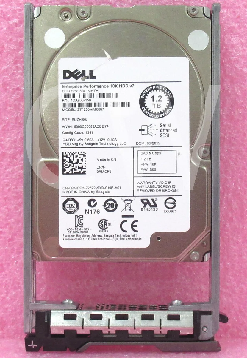A silver 2.5 inch SAS hard drive mounted in a black Dell caddy tray
