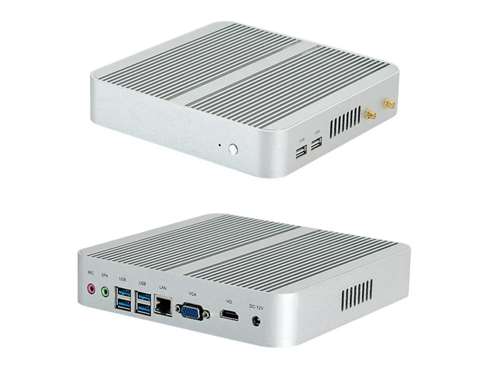 Silver fanless mini PC with brushed aluminium case, vertical stand and dual Wi-Fi antennas