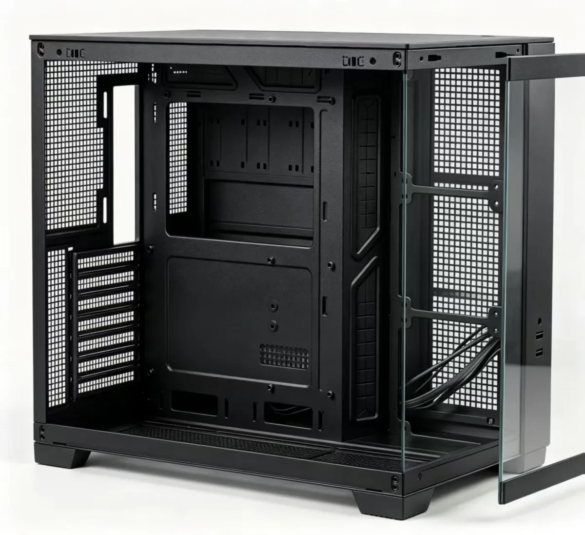 Black steel mid-tower with tempered glass side panel and front Type-C port