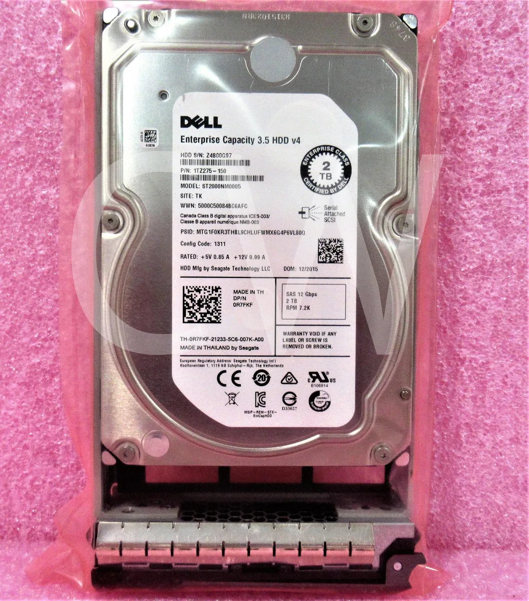Silver 3.5 inch SAS hard drive mounted in a black Dell caddy
