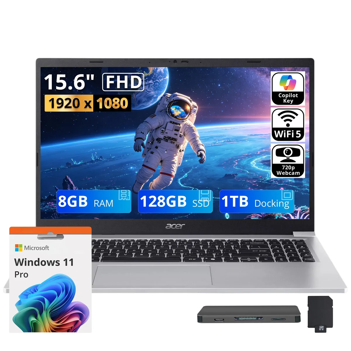 Acer America Acer Aspire Lite 15 15.6" FHD business laptop Intel Core 3 N350 8GB 128GB+1TB Dock Windows 11 Pro Light Silver — produkto nuotrauka
