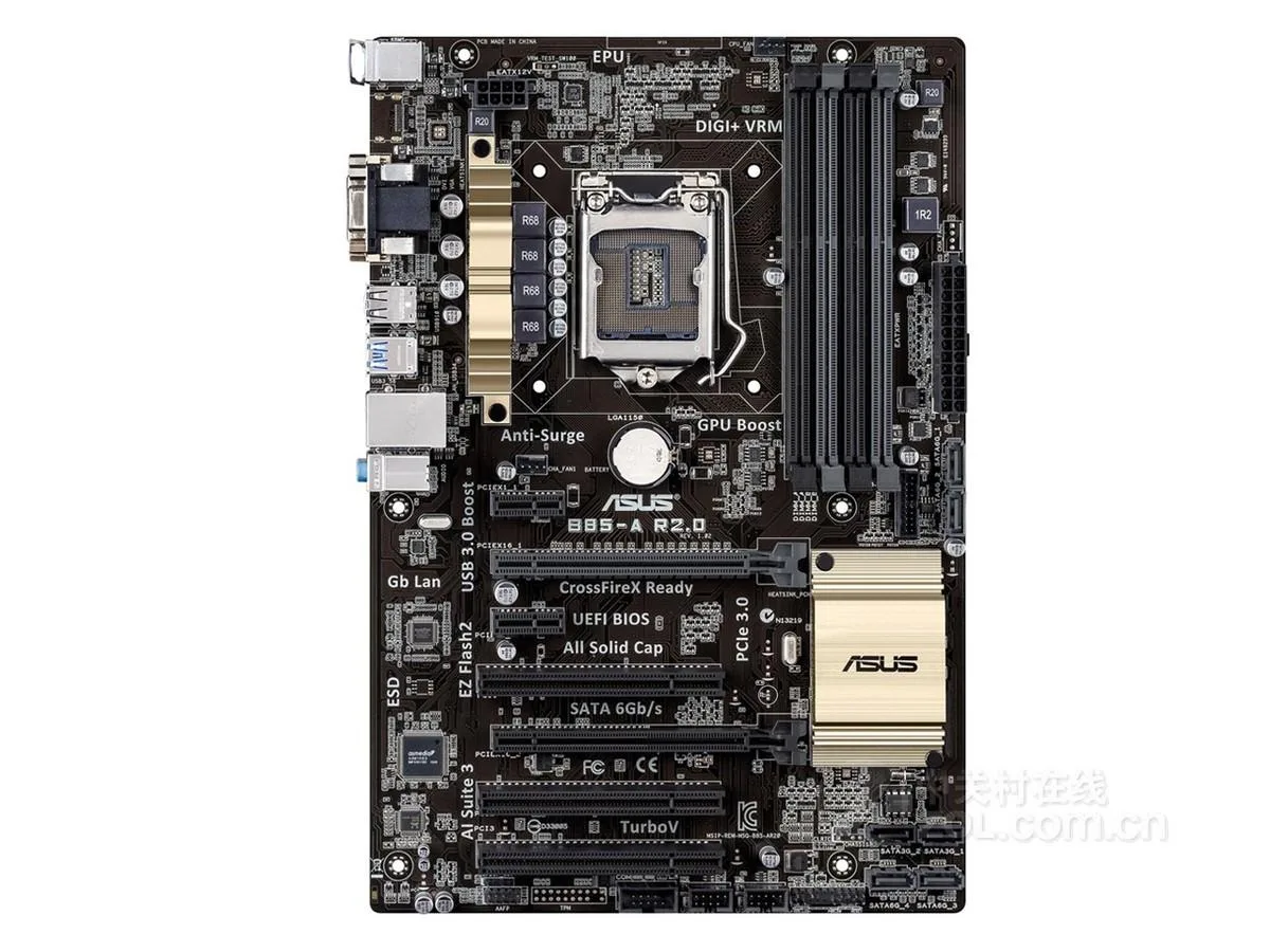 ATX motherboard with LGA 1150 socket and DDR3 slots, black PCB with metallic heatsinks