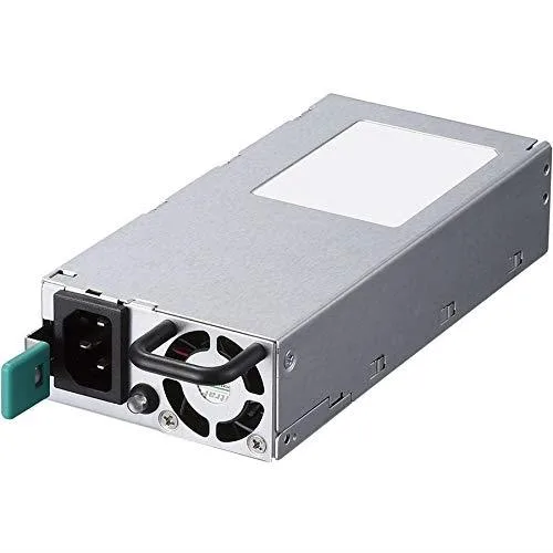 Redundant rackmount power supply module, black metal enclosure with rear fan and handle