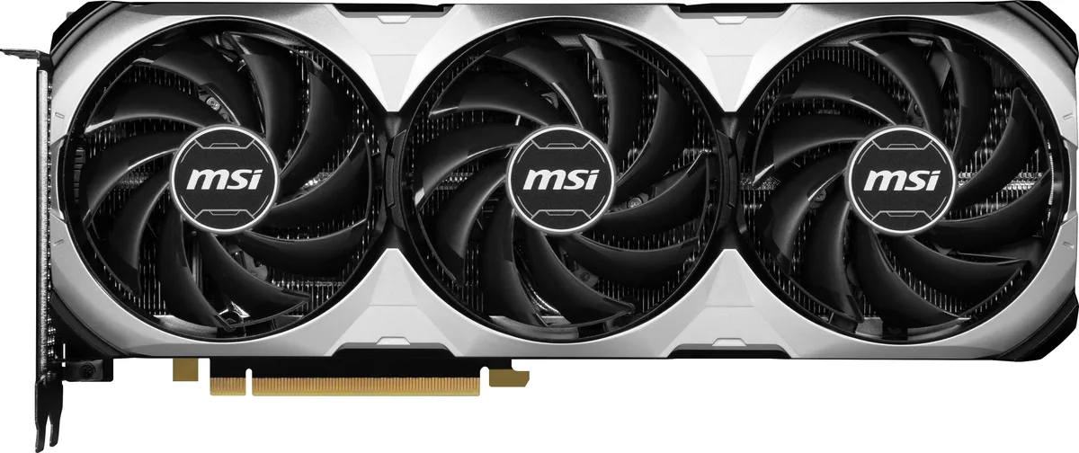 Silver graphics card with three axial fans and a metal backplate