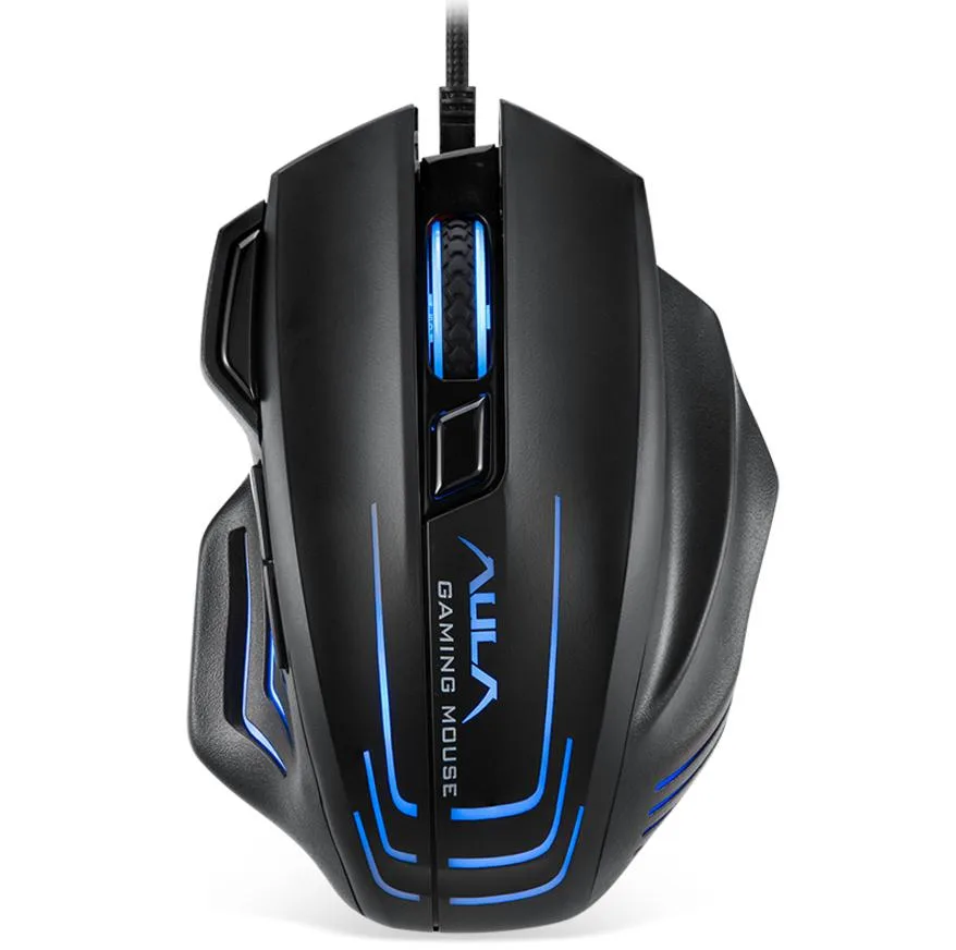 Black right-handed wired gaming mouse with seven buttons and breathing backlight