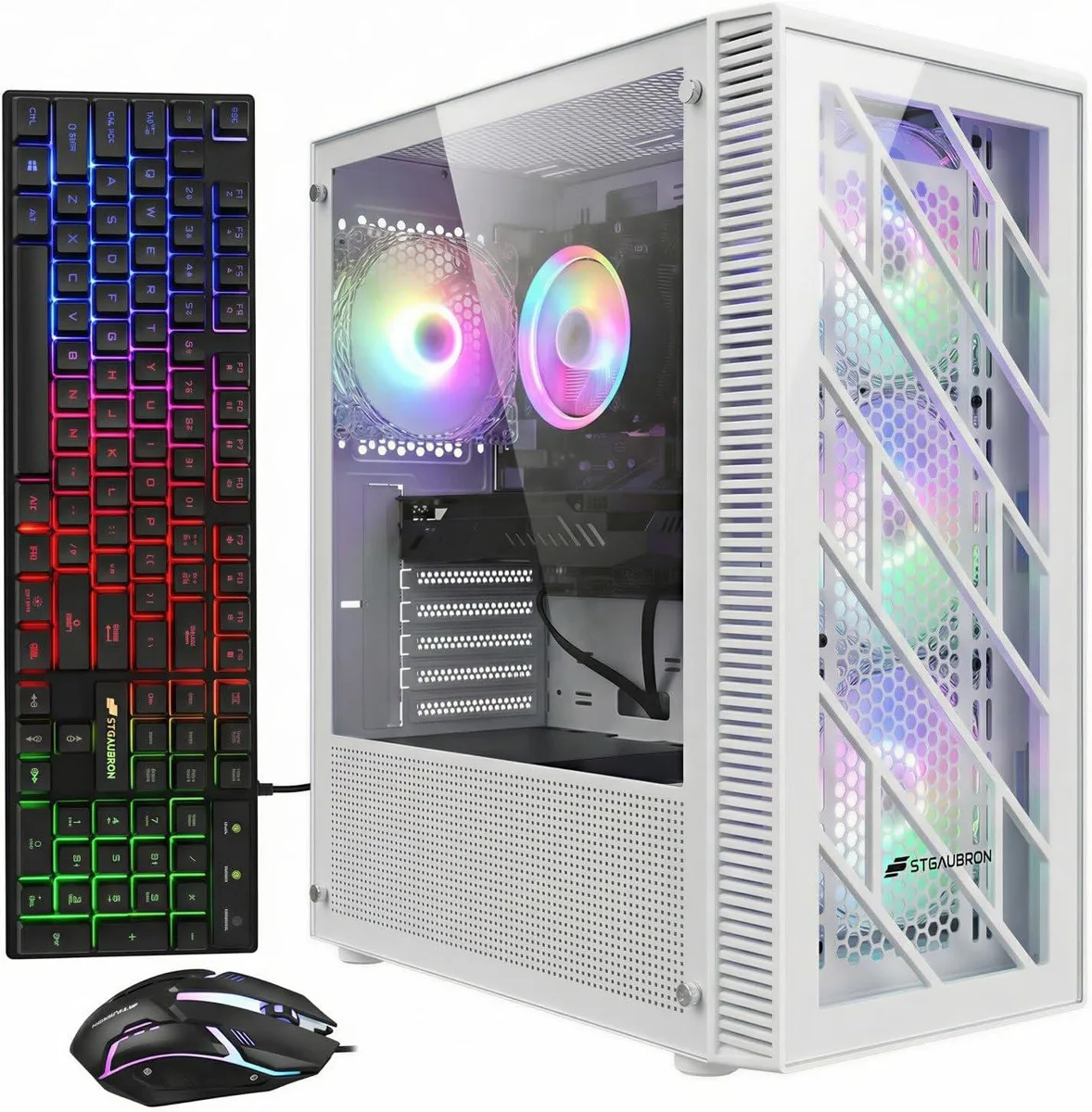 Black tower gaming desktop with four RGB fans visible through tempered glass side panel