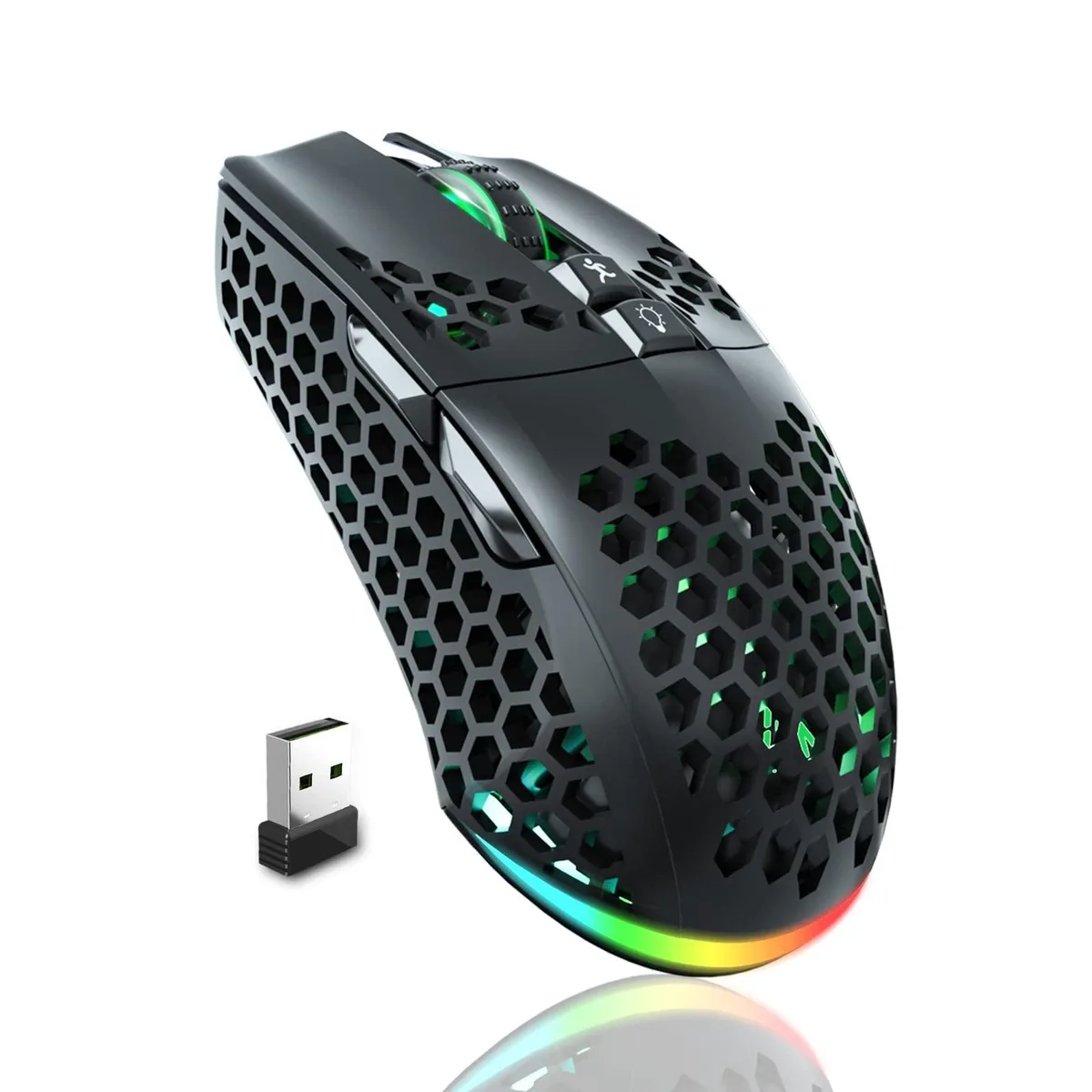 Black right-handed gaming mouse with honeycomb shell and RGB lighting