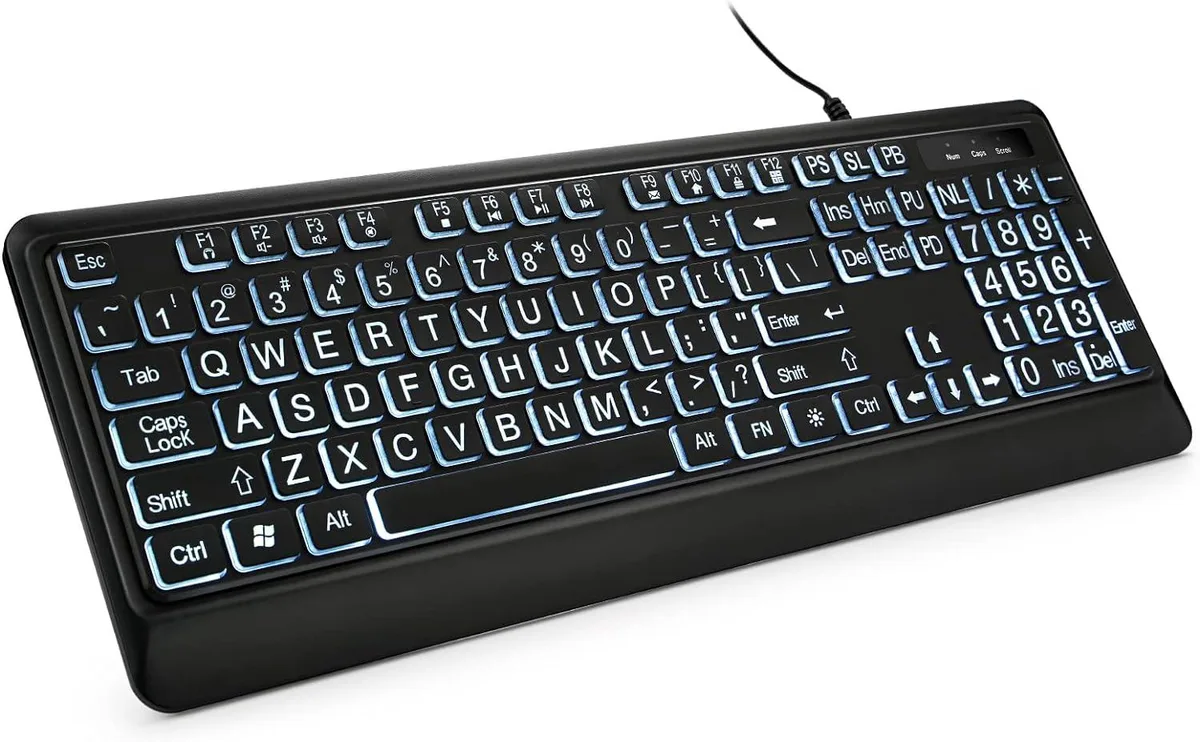 Full-size black wired keyboard with large white legends and white LED backlighting