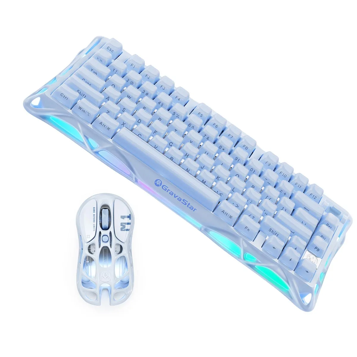 Ice Blue skeletal gaming mouse with magnesium alloy frame and five buttons