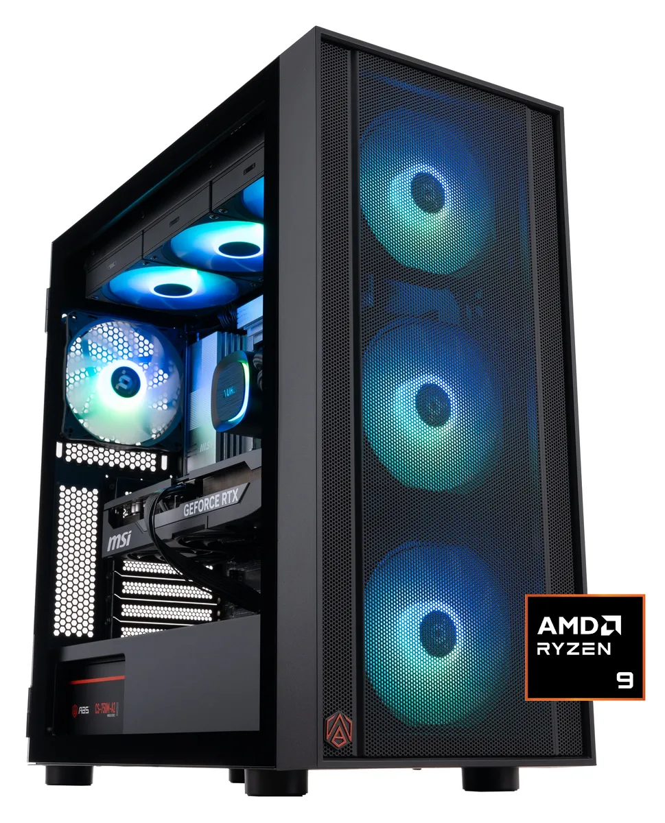 Black mid-tower gaming PC with tempered glass side panel and RGB lighting visible inside